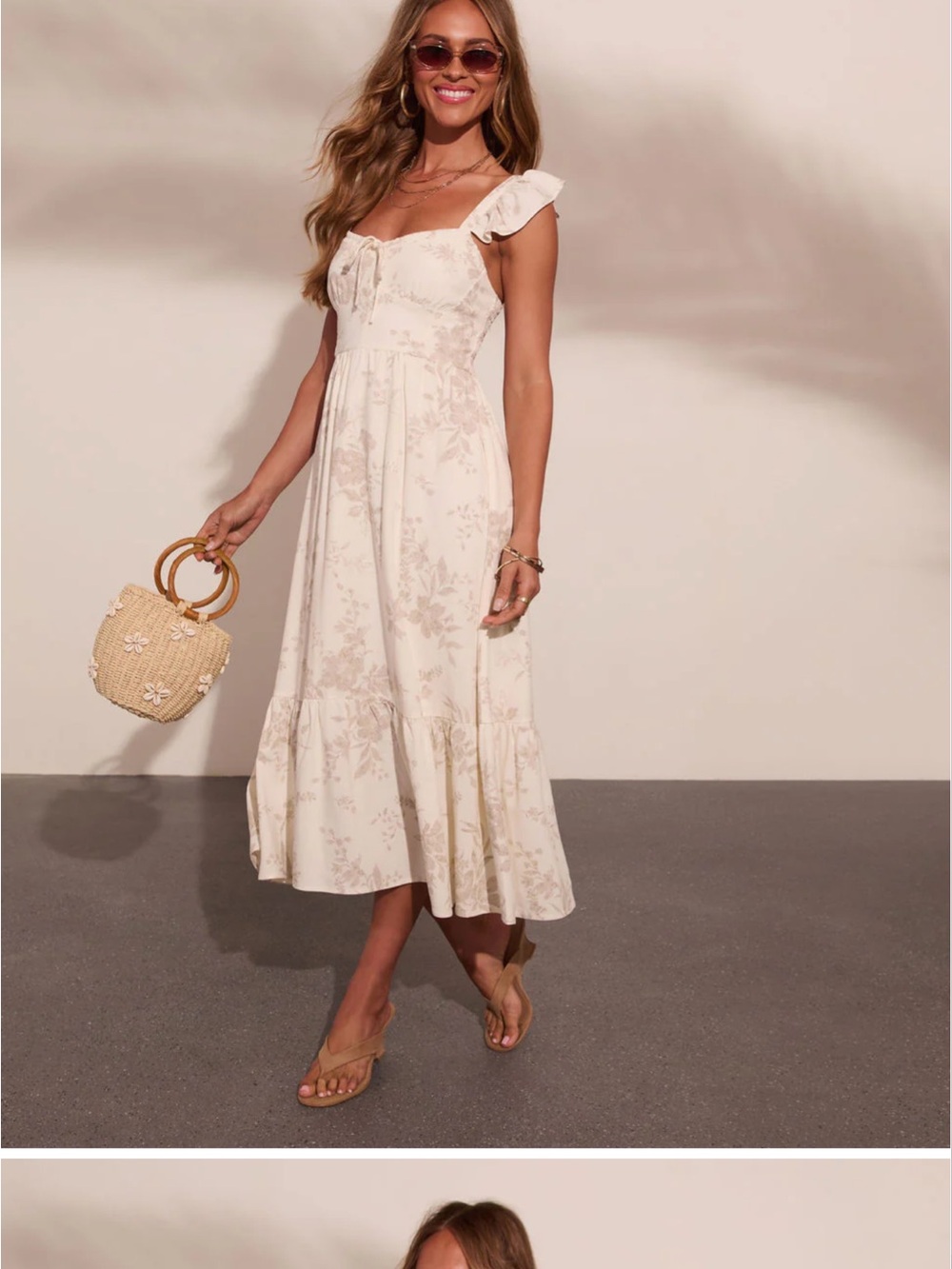 Vici Cream Floral Ruffle-Strap Midi Dress